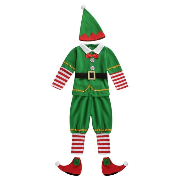 nvzhuang 5Pcs Christmas Cosplay Costume Set, Long Sleeve Tops + Pants + Hat + Waist Belt + Shoes Set for Kids, Boys, Girls, 1-9 Years