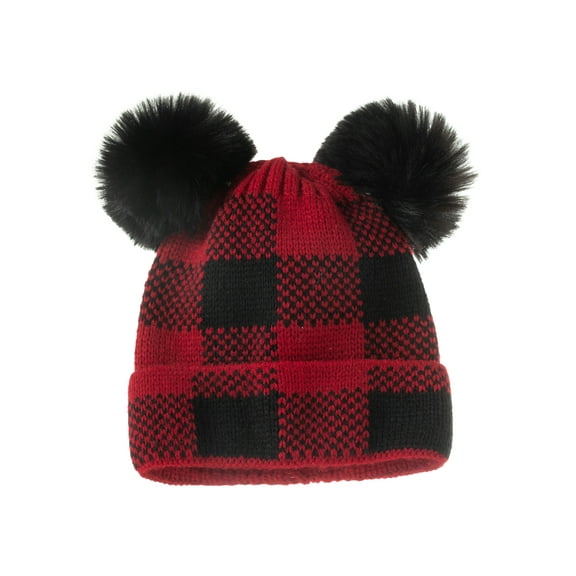nvzhuang Autumn Winter Parent-child Knitted Hat, Ladies Baby Color Matching/Plaid Pattern Plush Ball Decoration Windproof Warm Cap