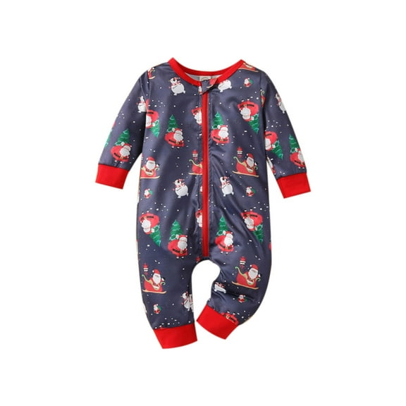 nvzhuang Babies Christmas Romper, Navy Printed Pattern Round Collar Long Sleeves Jumpsuit