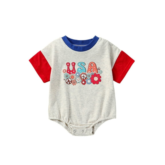 nvzhuang Baby 4th of July Romper, Short Sleeve Round Neck Flag/Floral Print Newborn Bodysuit