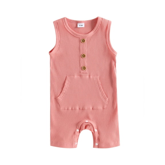 nvzhuang Baby Boy Girls Summer Jumpsuit Casual Solid Color Ribbed Sleeveless Romper with Pocket for Newborn Infant
