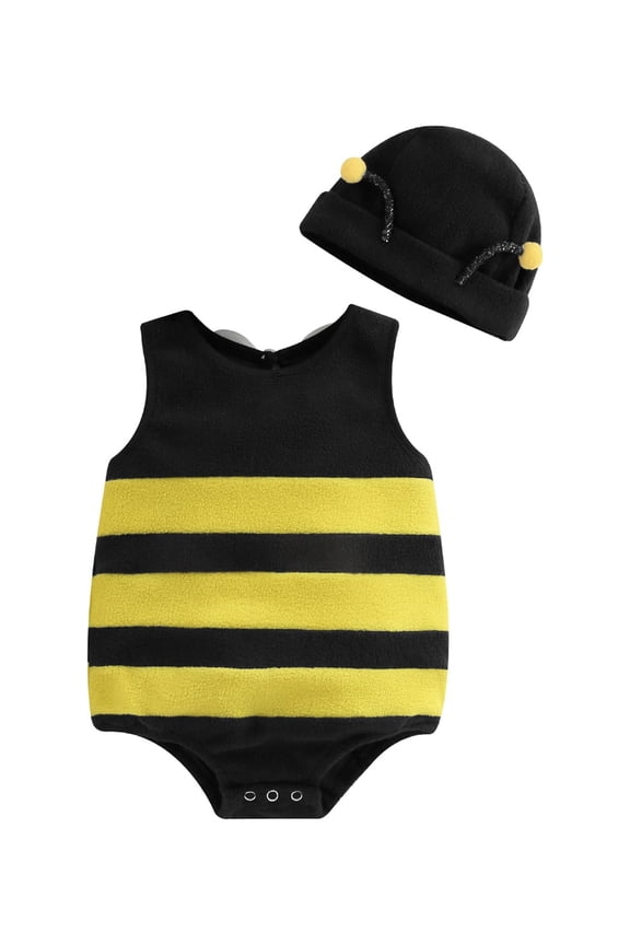 Baby Boys Girls Bee Romper Stripe Sleeveless Back White Wing Decor Jumpsuits Summer Casual Clothes Infant Bodysuits with Hat