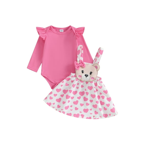 nvzhuang Baby Girl´s 2 Piece Outfits Long Sleeve Ruffle Romper Heart Print Suspender Skirt Set