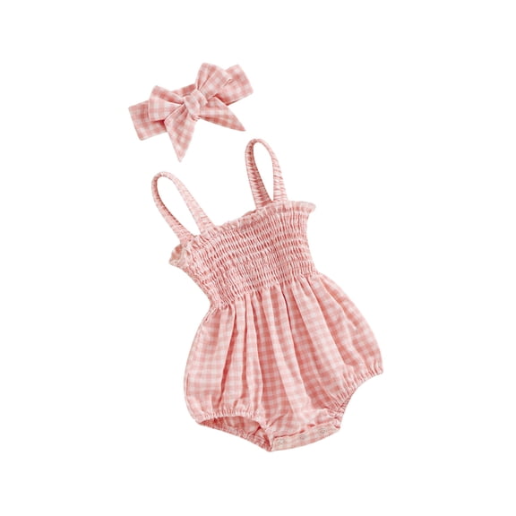 nvzhuang Baby Girls 2Pcs Summer Outfits, Sleeveless Frill Smocked Strap Romper with Headband Set