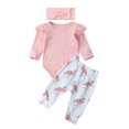 thumbnail image 1 of nvzhuang Baby Girls 3PCS Outfit Set, Long Sleeve Solid Color Ruffle Button Closure Romper, Long Flamingo Elastic Band Pant, Bow Hair Band, 1 of 1