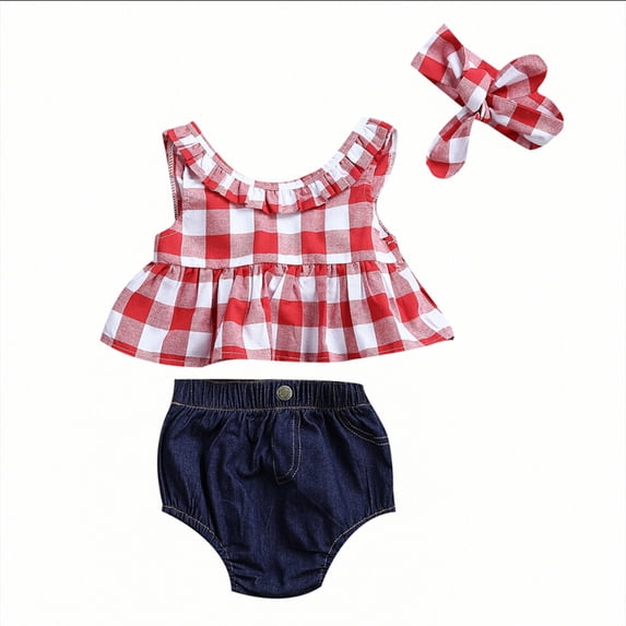 nvzhuang Baby Girls Clothes Sets Red and White Plaid Sleeveless Top Denim Shorts with Headband Toddler Girl Summer Outfits