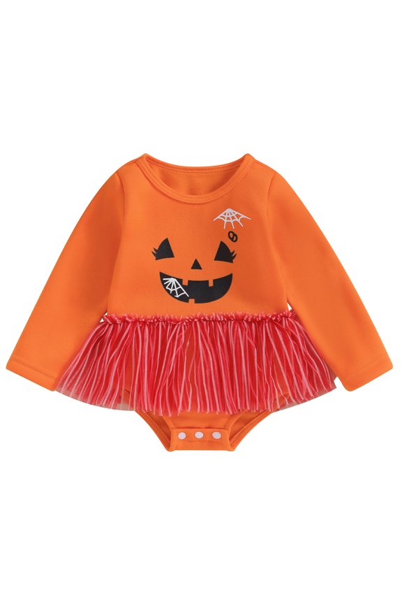 Baby Girls Rompers Dress Halloween Clothes Spider Web Pumpkin Smiling Face Print Tulle Skirt Hem Long Sleeve Toddler Bodysuits