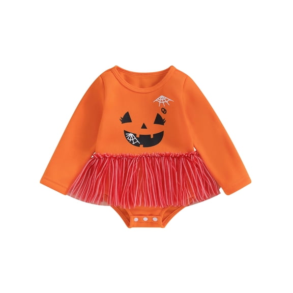 nvzhuang Baby Girls Rompers Dress Halloween Clothes Spider Web Pumpkin Smiling Face Print Tulle Skirt Hem Long Sleeve Toddler Bodysuits