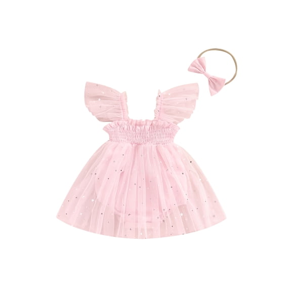 nvzhuang Baby Girls Summer Romper Dress Blue Flying Sleeve Sequins Star Mesh Romper with Headband
