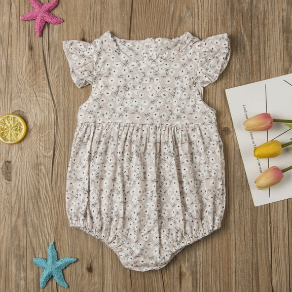 nvzhuang Baby Girls Summer Romper, Floral Ruffle Sleeve Classical Round Back Button Outfit, Button Closure Loose One-piece Jumpsuit