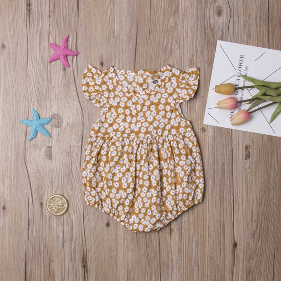 nvzhuang Baby Girls Summer Romper, Floral Ruffle Sleeve Classical Round Back Button Outfit, Button Closure Loose One-piece Jumpsuit