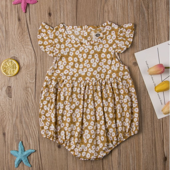 nvzhuang Baby Girls Summer Romper, Floral Ruffle Sleeve Classical Round Back Button Outfit, Button Closure Loose One-piece Jumpsuit