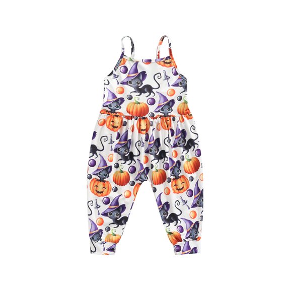 nvzhuang Baby Halloween Sleeveless Jumpsuit, Casual Loose Pumpkin Print Spaghetti Strap Romper