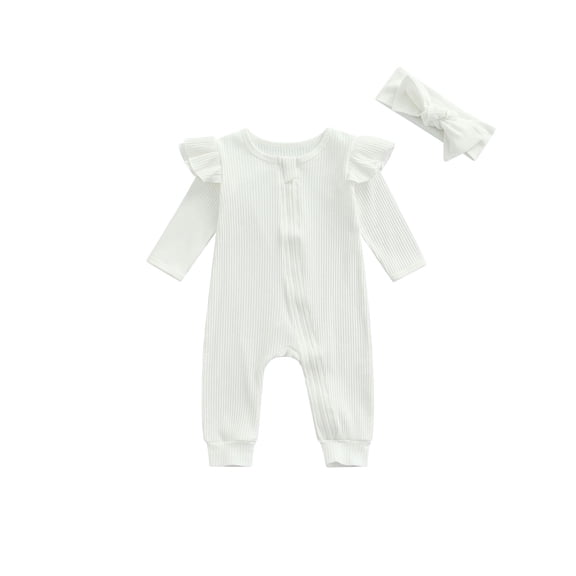 nvzhuang Baby Romper, Long Sleeve Round Neck Slant Zipper Ruffle Solid Color Knitting Fall Jumpsuit   Headband for Boy Girl