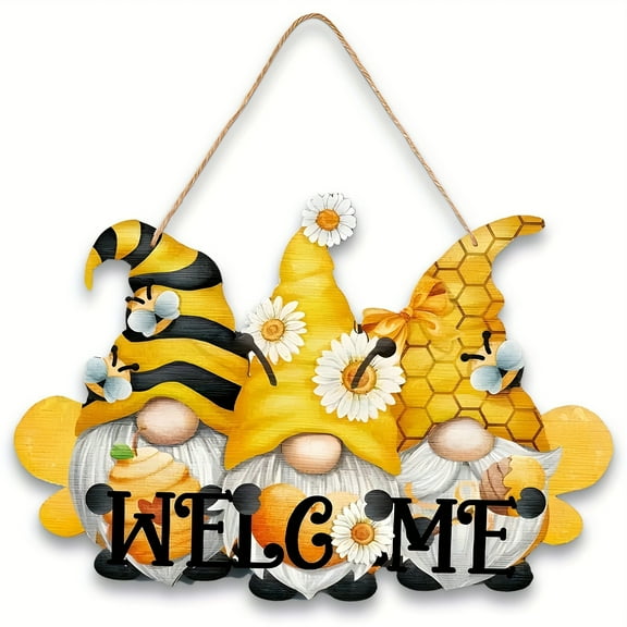 nvzhuang Bee Gnome Welcome Sign Hanging Letter Print Wooden Front Door Sign for Wall Porch Farmhouse Holiday Decoration