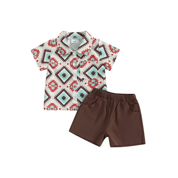 nvzhuang Boys Summer 2PCS Shorts Sets Short Sleeve Button Up Tops and Solid Color Shorts Sets