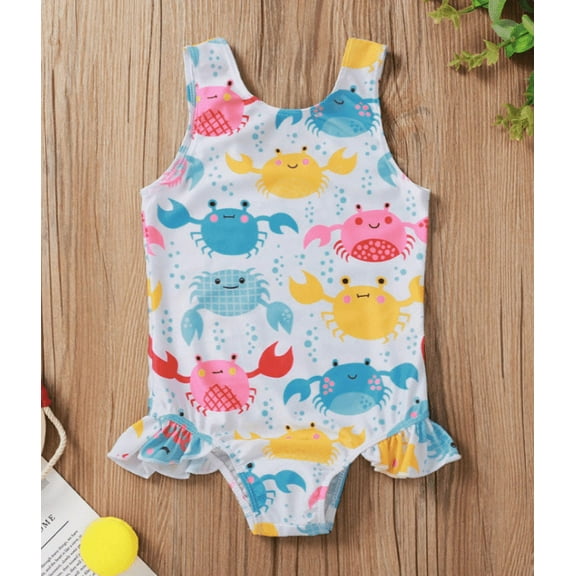 nvzhuang Breathable Little Girls One-piece Swimsuit, Summer Children Cute Crab/Donut Printing Sleeveless Swimwear for Vacation