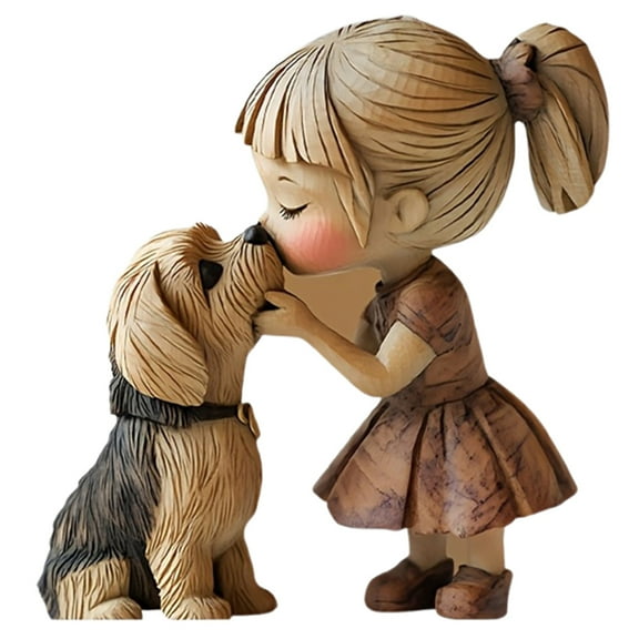 nvzhuang Girl and Dog Decor Creative Wooden Statue Cute Animal Figurine for Desktop Home Decor Present