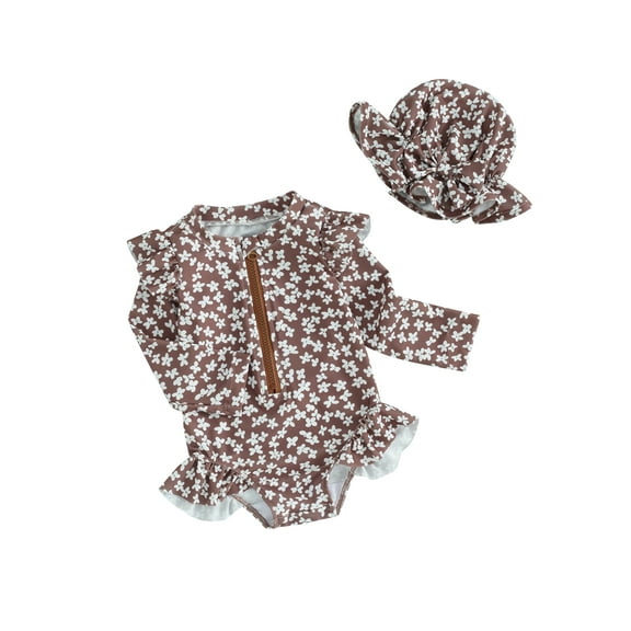 nvzhuang Girls 2 Piece Bathing Suit Outfits,  Long Sleeve Zipper Swimsuit   Swim Cap Beach Wear Set