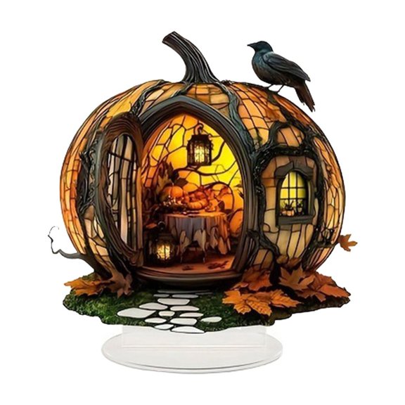 nvzhuang Halloween Desk Decor 2D Flat Acrylic Pumpkin House Table Sign Ornaments Party Haunted House Supplies