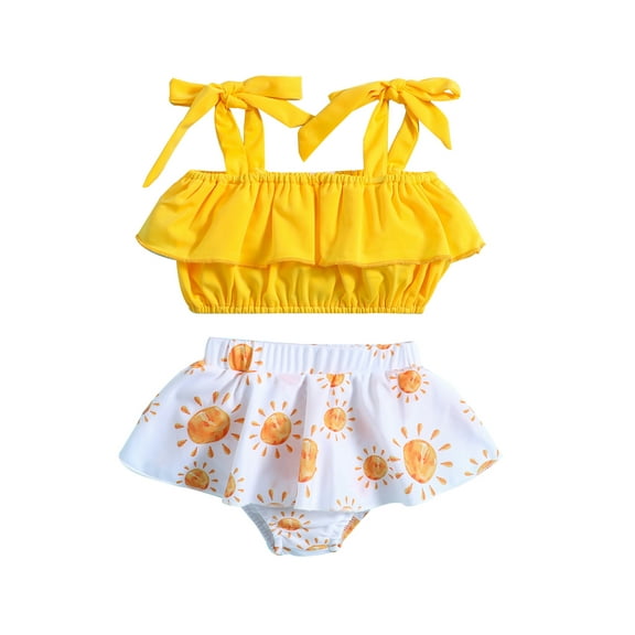 nvzhuang Infant Baby Girl Kids Two-Piece Swimsuits Cute Summer Tie-up Strap Crop Tops Ruffle Tutu Shorts Toddlers Swimwear Beachwear 0-3Y