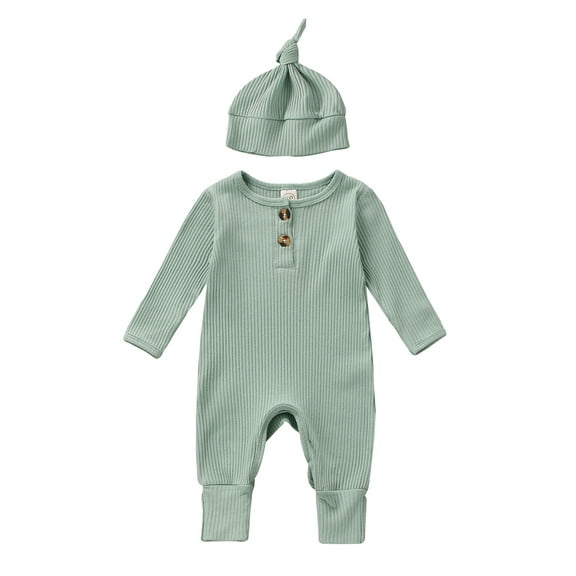 nvzhuang Infant Baby Jumpsuit and Hat Set, Solid Knit Ribbed Long Sleeve Crew Neck Button Romper One-Piece Clothes