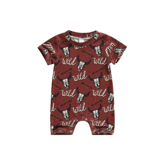 nvzhuang Infant Baby Western Cowboy Jumpsuit, Cartoon Bull Head Print Short Sleeve Round Neck Romper for Boys Girls, 0-18 Months