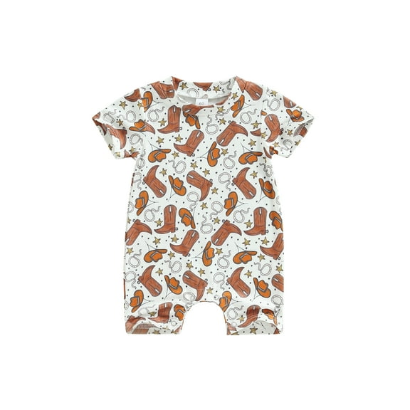 nvzhuang Infant Baby Western Cowboy Jumpsuit, Cartoon Bull Head Print Short Sleeve Round Neck Romper for Boys Girls, 0-18 Months