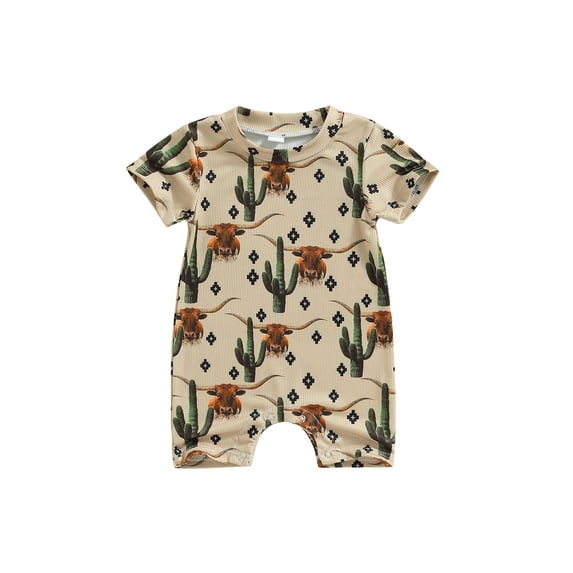 nvzhuang Infant Baby Western Cowboy Jumpsuit, Cartoon Bull Head Print Short Sleeve Round Neck Romper for Boys Girls, 0-18 Months