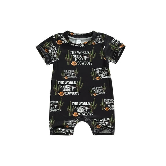 nvzhuang Infant Baby Western Cowboy Jumpsuit, Cartoon Bull Head Print Short Sleeve Round Neck Romper for Boys Girls, 0-18 Months