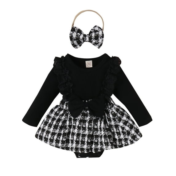 nvzhuang Infant Girl Rompers Dress Houndstooth Skirt Hem Jumpsuits Clothes Bodysuits with Headband
