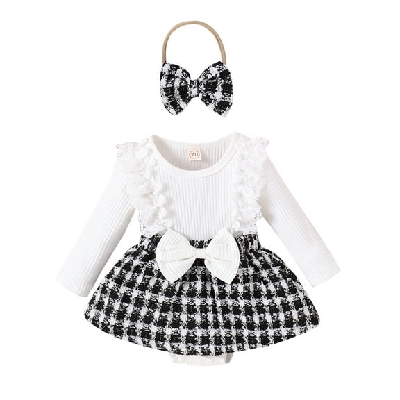 nvzhuang Infant Girl Rompers Dress Houndstooth Skirt Hem Jumpsuits  Clothes Bodysuits with Headband