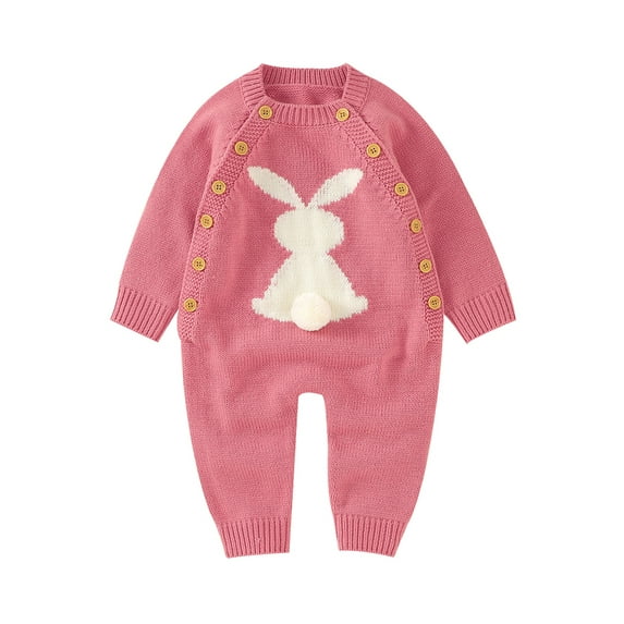 nvzhuang Infant Knitted Jumpsuit, Rabbit Pattern Round Neck Double-breasted Overalls, 0-24 Months