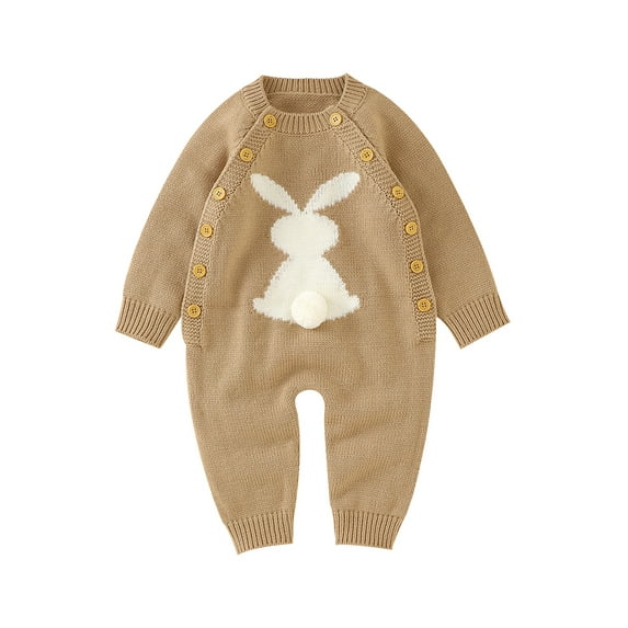 nvzhuang Infant Knitted Jumpsuit, Rabbit Pattern Round Neck Double-breasted Overalls, 0-24 Months
