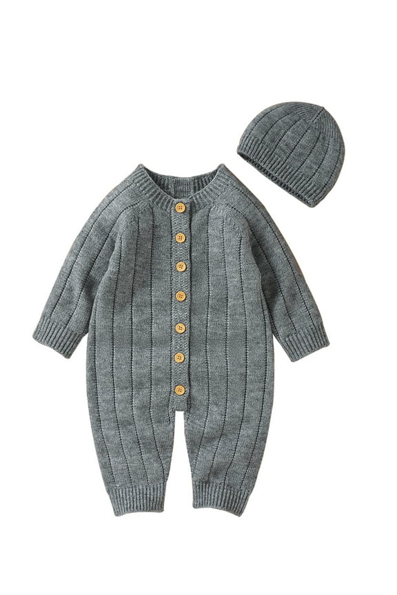 Infant Winter Jumpsuit and Cap, Solid Color Long Sleeve Single-breasted Knitted Romper, 0-18 Months