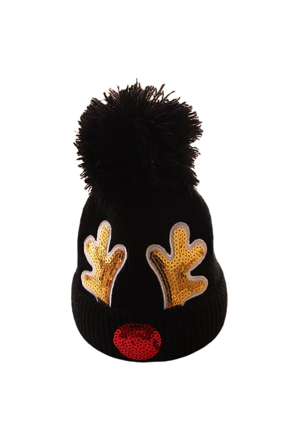 Kids Woolen Hat, Unisex Sequins Antler Patterns Knitted Hat Beanie for Autumn Winter, Black/Red/Milky White