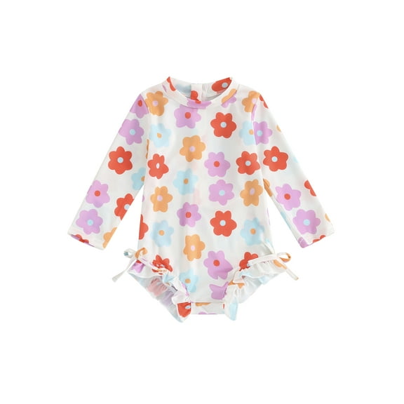 nvzhuang Little Girl Long Sleeve Swimsuit Bow Flower Print Swimsuit Baby Toddler Swimwear
