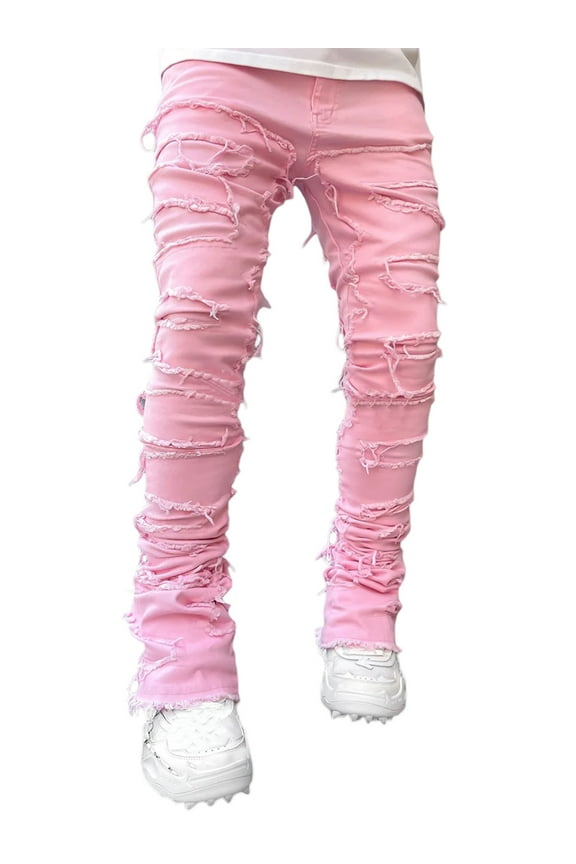 Men's Fit Stacked Jeans Patch Distressed Destroyed Straight Denim Pants Streetwear Clothes