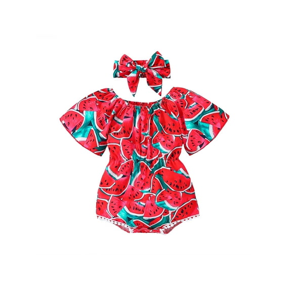 nvzhuang Newborn Girl Outfit, Short Sleeve Watermelon Print Bodysuit with Headband Summer Clothes