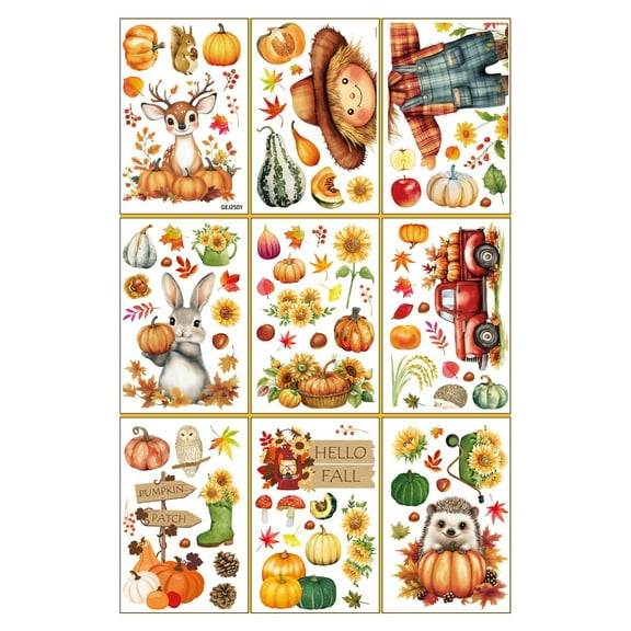 nvzhuang Thanksgiving Fall Window Clings Truck Pumpkin Maple Leaves Scarecrow Double-Sided Reusable Static Window Decals