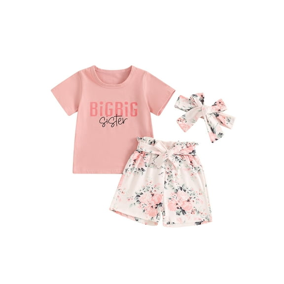 nvzhuang Toddler Girl Matching Outfit Short Sleeve Tops Shorts with Belt Headband 3Pcs Clothes Set