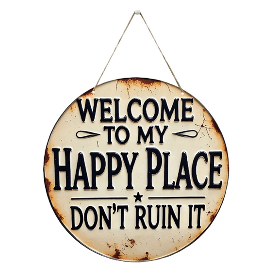 nvzhuang Welcome Door Sign, Welcome To Our Happy Place Front Door Decor, Front Door Porch Outdoor Decor, Round Welcome Door Hanger Sign