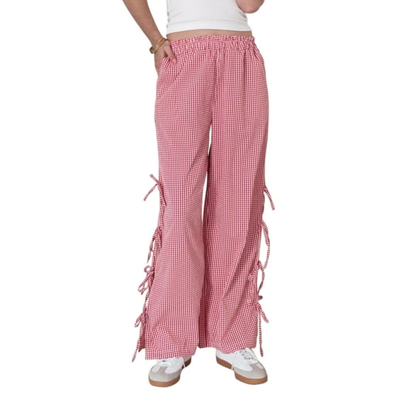 nvzhuang Women Casual Pants, Elastic Waist Slit Tie-up Plaid Loose Trousers Streetwear for Daily