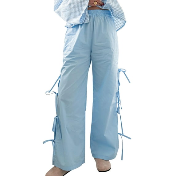 nvzhuang Women Casual Pants, Elastic Waist Slit Tie-up Plaid Loose Trousers Streetwear for Daily