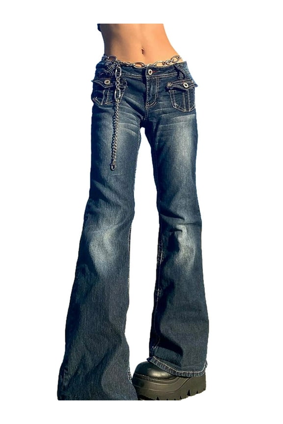 Women Hip Hop Denim Pants, High Waist Relaxed Fit Washed Wide Leg Jeans with Flap Pockets