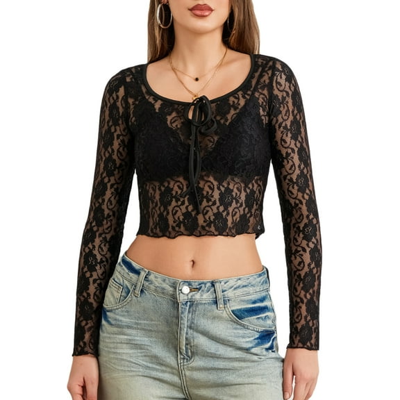 nvzhuang Women Short T-Shirts Lace Tie-Up  Long Sleeve Shirts Spring Fall Slim Fit Tops Streetwear