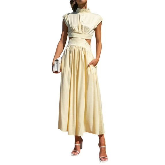 nvzhuang Women Summer Long Dress Waist Hollow-Out Sleeveless Dress Beach Holiday Loose Dress