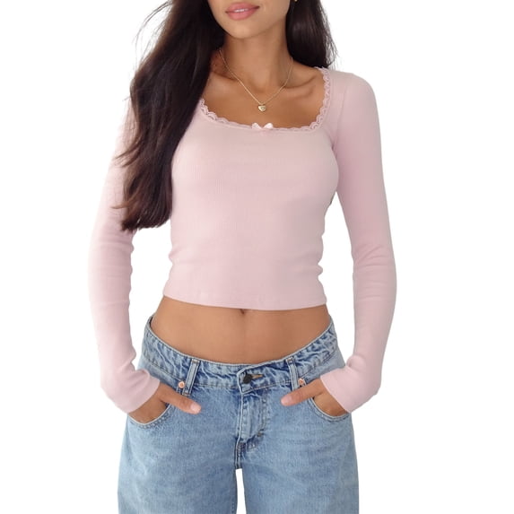 nvzhuang Women T-shirt Long Sleeve Square Neck Lace Patchwork Slim Fit Fall Tops Streetwear