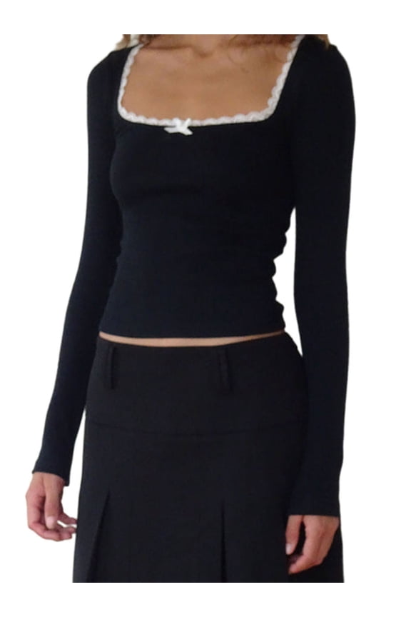 Women T-shirt Long Sleeve Square Neck Lace Patchwork Slim Fit Fall Tops Streetwear