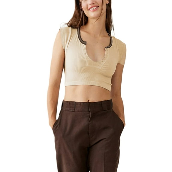 nvzhuang Women T-shirt, Short Sleeve U Neck Contrast Color Summer Ladies Crop Top for Party Club